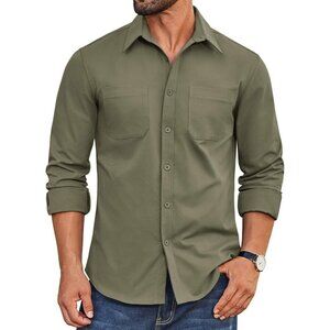 Olive Green Men Long Sleeve Wrinkle Free Woven Business Button Down Shirt